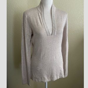 Boston Proper Jeweled Embellished V-neck Sweater S/M color: Oatmeal